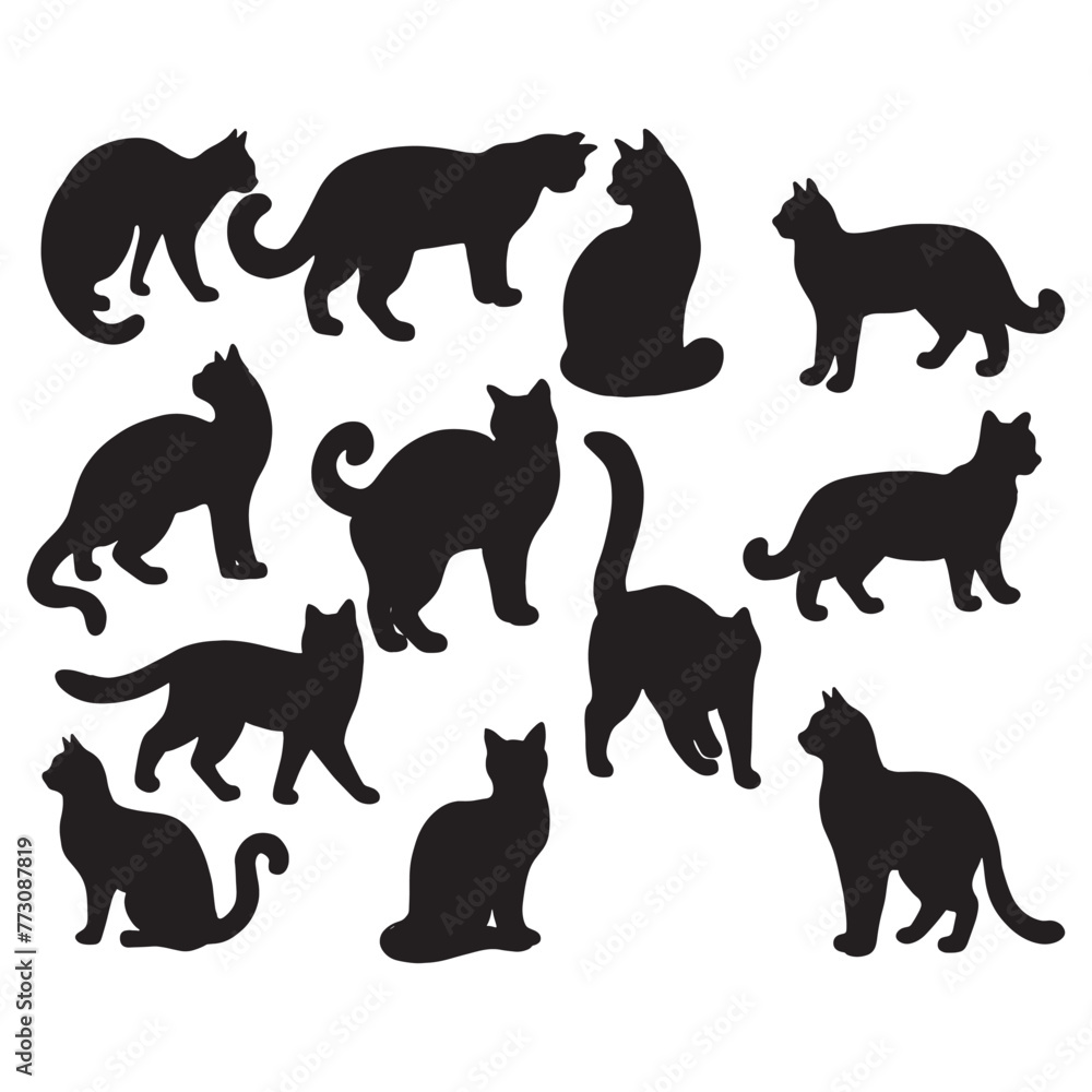 Isolated Cats on the white background. Animals silhouettes. Vector EPS 10.	