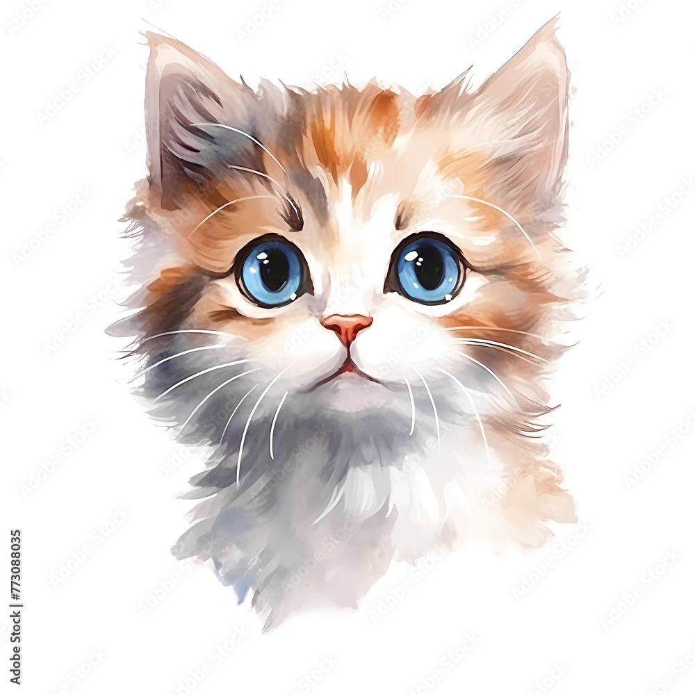 Illustration of a fluffy kitten with blue eyes and ginger fur