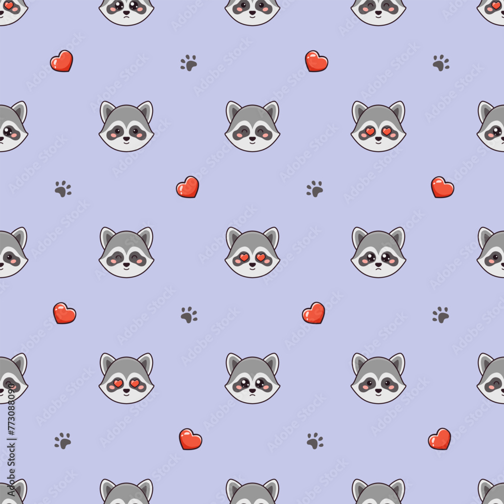 Fototapeta premium Vector seamless pattern with cute raccoons, hearts love and footprints on purple background
