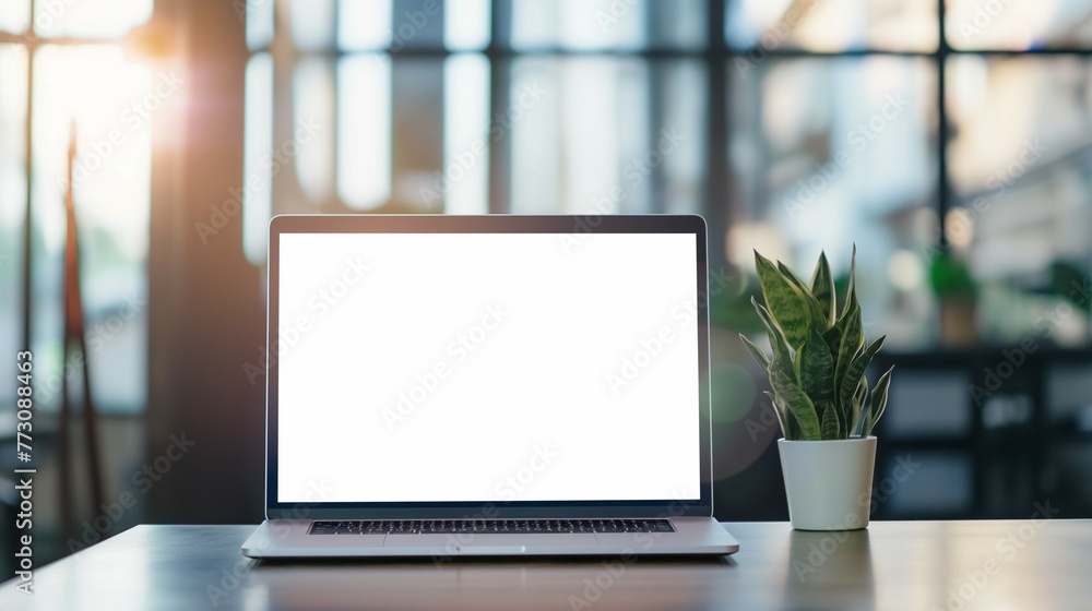 Fototapeta premium notebook Mockup, design with blank screen, cafe background, 3D illustration