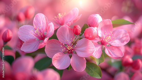 Close-up of pink cherry blossoms in bloom with soft sunlight filtering through  symbolizing spring.