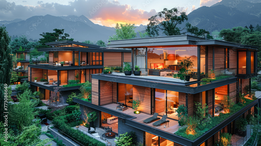 Obraz premium Modern Eco-Living Sustainable Modern Architecture Amidst Mountain Scenery Digital Art Background Poster Brainstorming Card