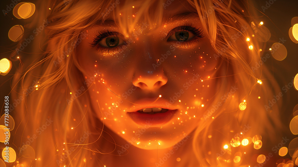 Portrait of a woman with sparkling lights, creating a magical and warm atmosphere. Portrait of a woman with sparkling lights, creating a magical and warm atmosphere.