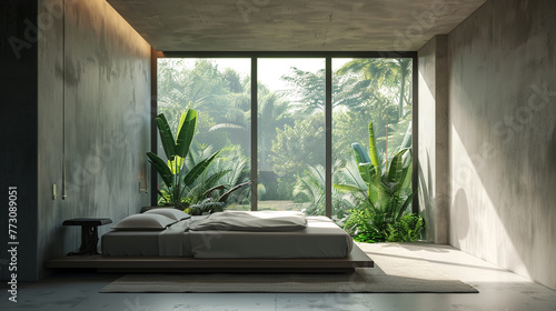 A minimalist bedroom design featuring sleek furniture arrangements beside a large, sunlit window offering a view of lush greenery outside. 8K.