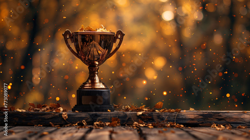 Golden trophy on wooden table with sparkling bokeh lights and autumn leaves background.
