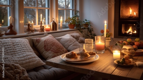 Warm candles and cozy pillows in a Danish kitchen. In the style of hygge. © Dennis