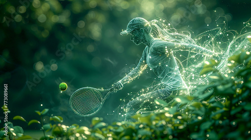 Digital graphic image of a tennis player with a racket on a green nature background. Tennis and the spirit of competition. Copy space