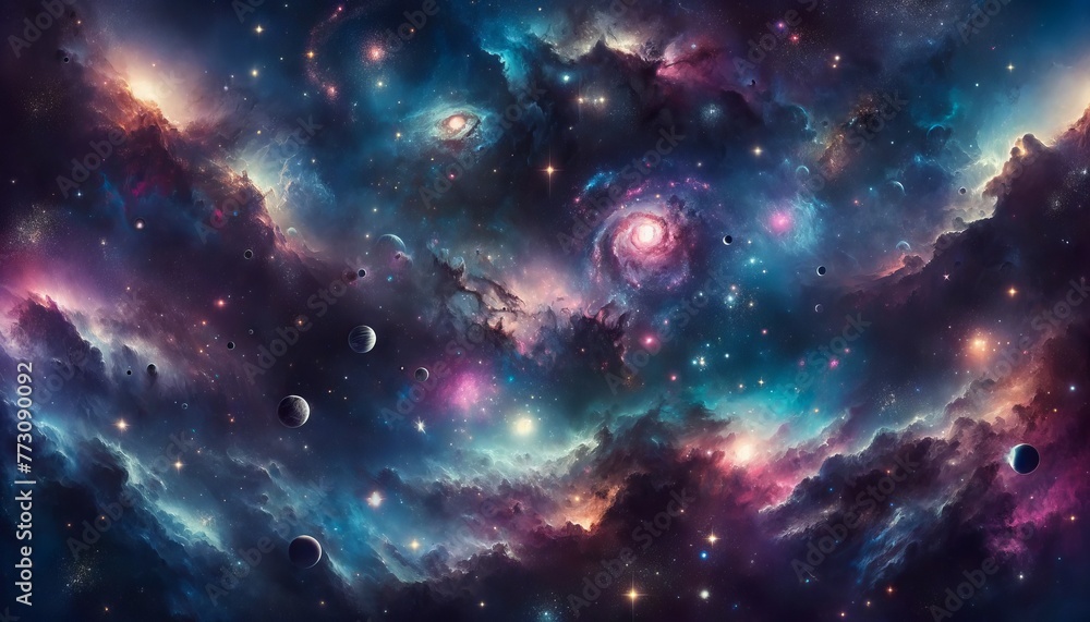  cosmic background featuring swirling galaxies, stars, planets, nebulae, and celestial bodies in shades of blue, purple, pink, green, orange, and black.
