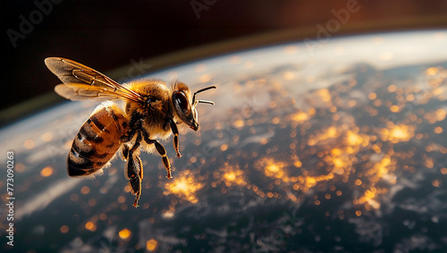 Bee close-up against the backdrop of the planet earth globe. The importance of bees and insects in the life of the planet. World Bee Day.  Copy space © Olya Komarova