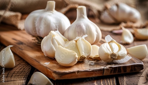 Heads of garlic and cloves of garlic on a wooden board.