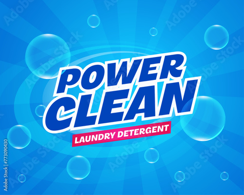 Vector Illustration Power Clean Wash Package Label With Soap Bubbles