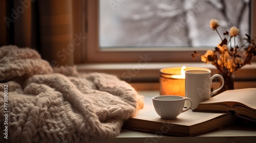 Warm kettle and a book on a soft blanket in a cozy corner of the kitchen. In the style of hygge