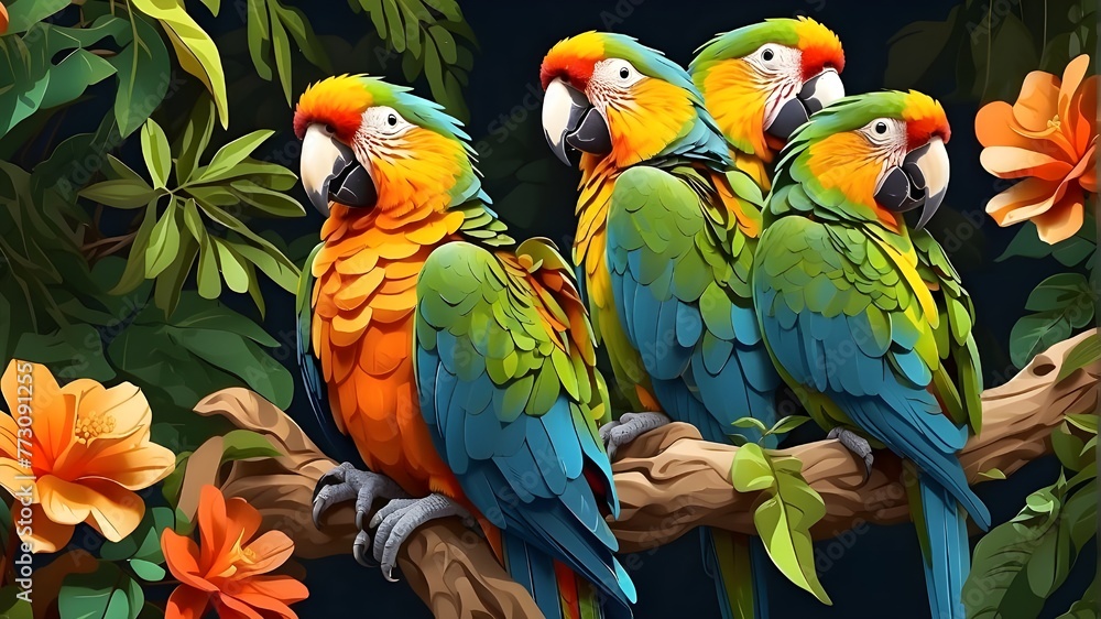 Illustration of birds and animals, plants and rainforests, Macaw and Ari parrots. AI generative. Image of wildlife, nature, jungle, parakeets and birds, pets, and fauna