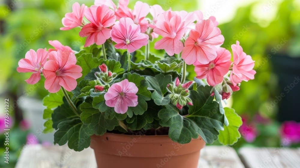 Potted Plant With Pink Flowers and Green Leaves