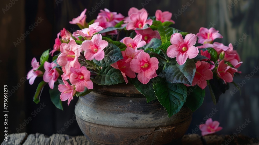 Fototapeta premium Potted Plant With Pink Flowers and Green Leaves
