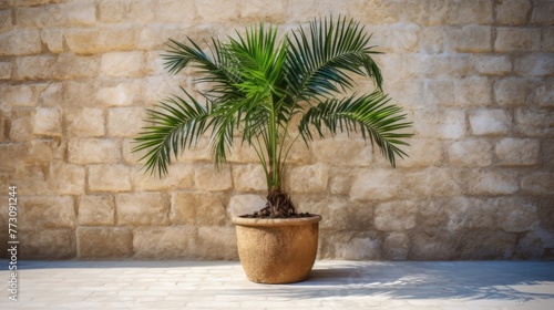Palm tree in a pot with stone wall background and pebbled floor AI-generated