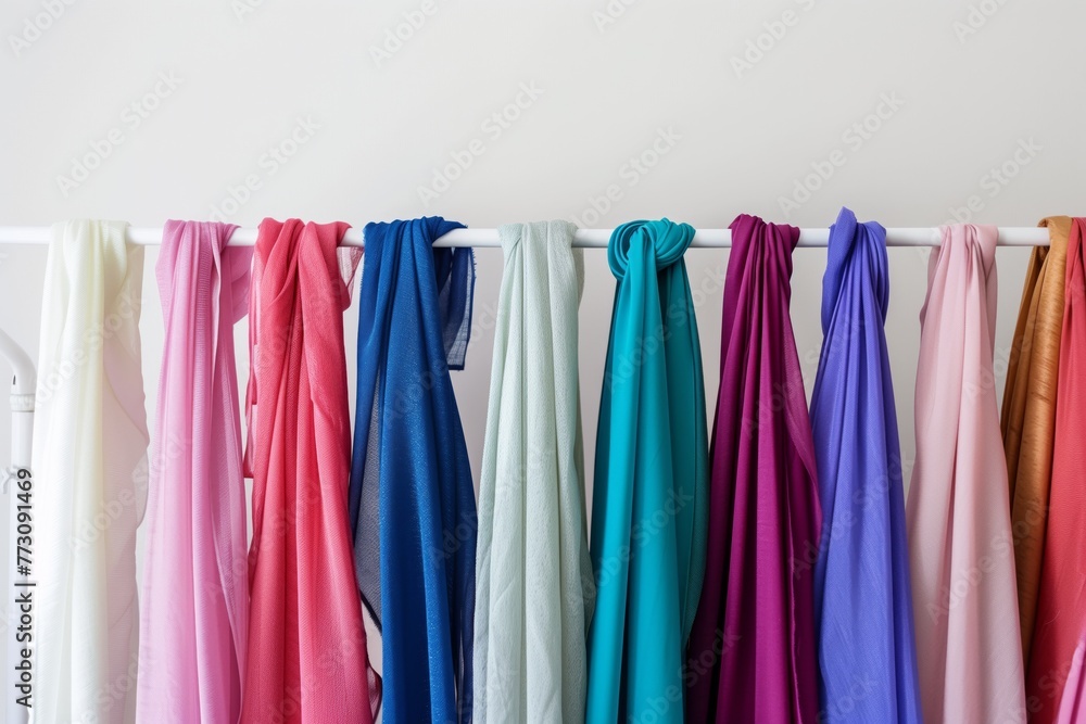 colorful hijabs neatly aligned on a white rack against a plain background