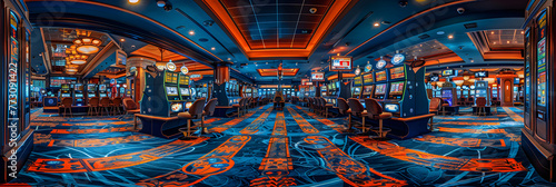 Rows of slot machines at the indoor casino, Las vegas casino background