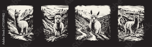 Set of alpaca adventure vintage style illustration, Generative AI.