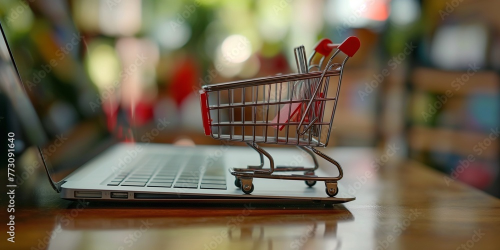 Concept of online shopping with a small shopping cart in front of a laptop