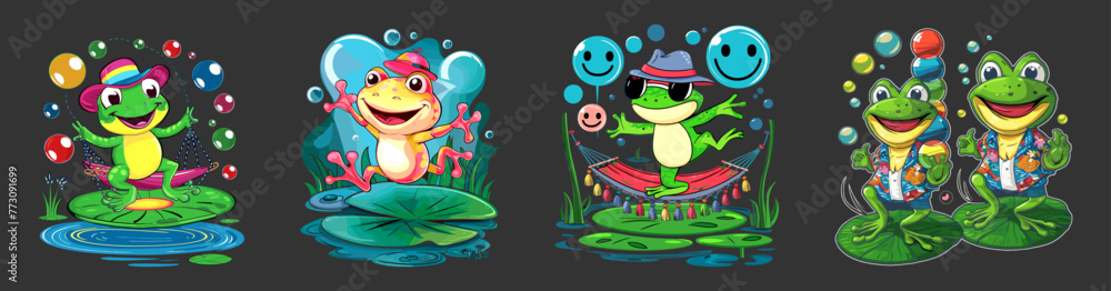 Obraz premium Set of playful frog adventures vector illustration. Generative AI.