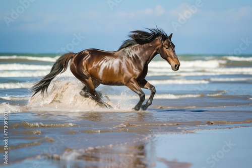 horse charging through shallow beach water at high tide