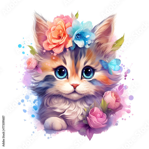 Colorful kitten with flowers and butterfly in a fantasy illustration