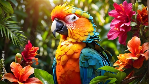 Sunlight and a vibrant, exotic bird in a tropical garden.