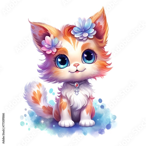 Charming illustrated kitten with big blue eyes and flower accents