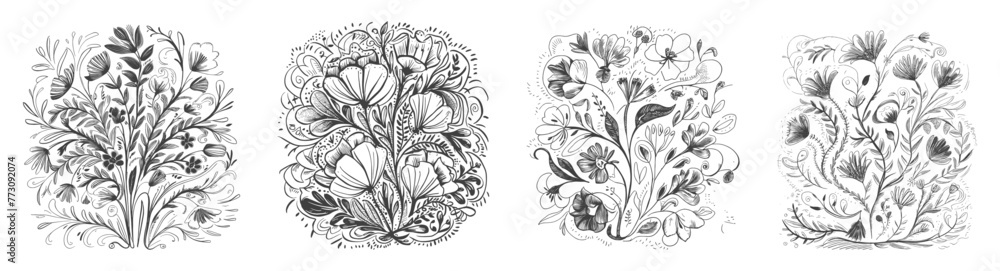 Set of delicate floral doodle whimsical vector illustrations. Generative AI.