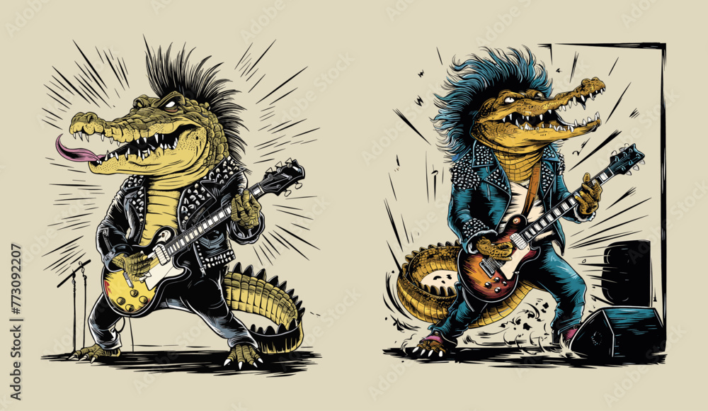 Fototapeta premium Rockstar crocodile vintage woodcut vector illustration. Generative AI.