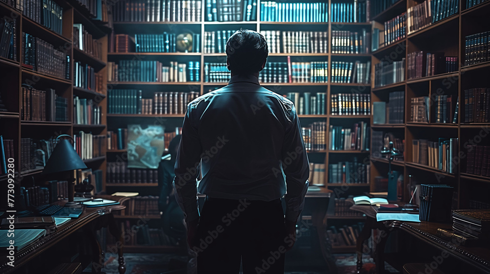 Man standing in a dimly lit library with towering bookshelves, evoking a sense of mystery and knowledge. Man standing in a dimly lit library with towering bookshelves, evoking a sense of mystery and knowledge.