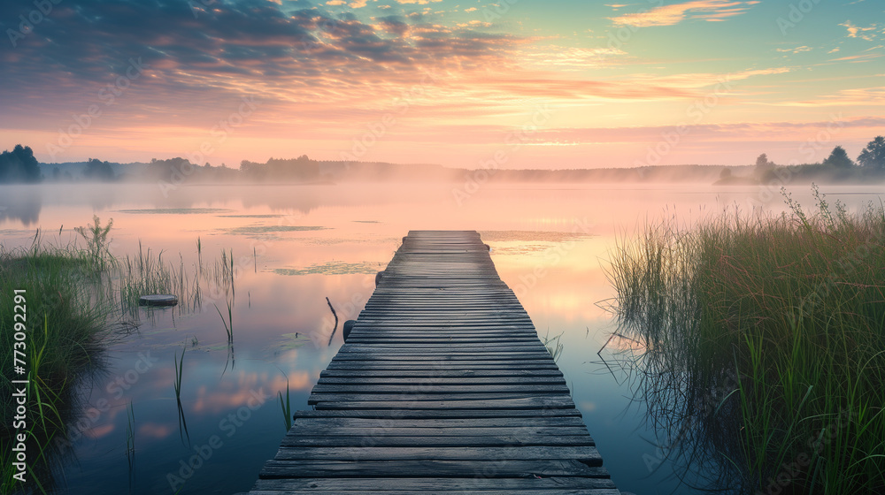Wooden pathway into misty lake during a colorful dawn.