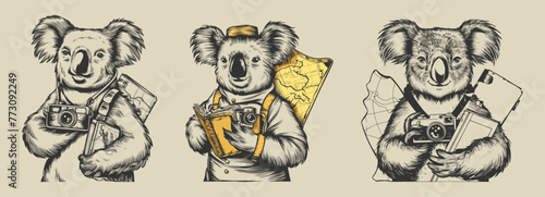 Set of koala traveler vintage woodcut vector illustration. Generative AI.