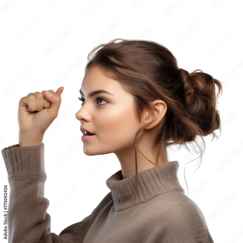 Girl hold fist with seriously emotions Girl hold fist with seriously emotions