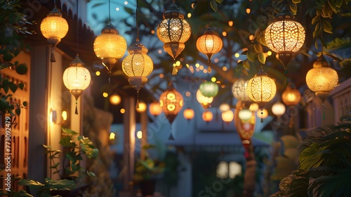 Homes adorned with lantern lights for a cozy atmosphere ai image