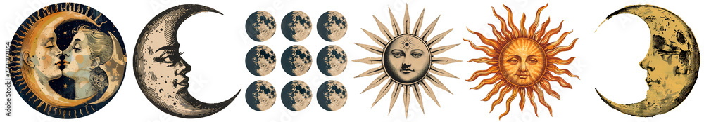 illustration set of moon phases. Different stages of moonlight activity in vintage engraving style. Zodiac Signs. AI generated	
