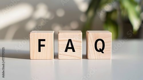 Wooden Cube Letters Spelling FAQ on White Desk