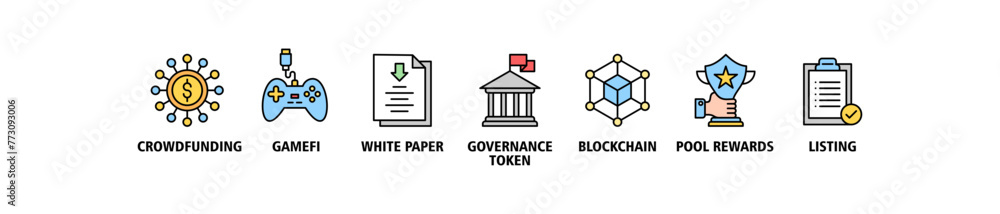 IGO banner web icon vector illustration concept of initial game offering with icon of crowdfunding, gamefi, white paper, governance token, blockchain, pool rewards and listing