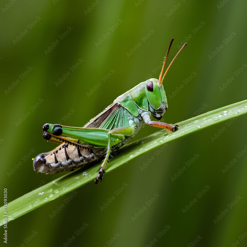 Grasshopper on a green leaf, shows its intricate body patterns in the natural environment Grasshopper on a green leaf, shows its intricate body patterns in the natural environment