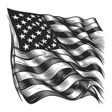 American flag waving, with detailed engraving of the stars and stripes sketch engraving generative ai fictional character raster illustration. Scratch board imitation. Black and white image.