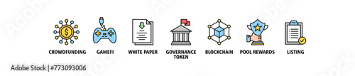 IGO banner web icon vector illustration concept of initial game offering with icon of crowdfunding, gamefi, white paper, governance token, blockchain, pool rewards and listing
