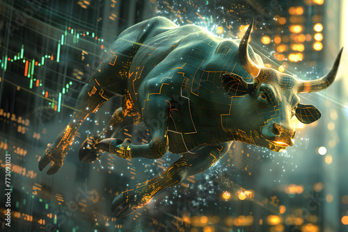 Stock market bull trading up. Symbolizing rising stock market, green colored. Concept of wall street business, bull market trader, crypto currency trading. 