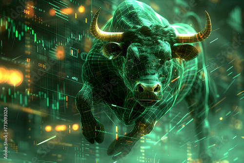 Stock market bull trading up. Symbolizing rising stock market, green colored. Concept of wall street business, bull market trader, crypto currency trading. 
