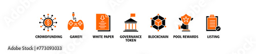 IGO banner web icon vector illustration concept of initial game offering with icon of crowdfunding, gamefi, white paper, governance token, blockchain, pool rewards and listing