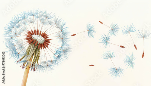 Pastel watercolor clipart of a single dandelion with seeds blowing away, isolated on white, for wishes and dreams themes