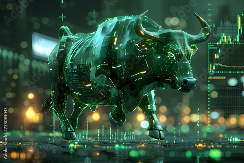 Stock market bull trading up. Symbolizing rising stock market, green colored. Concept of wall street business, bull market trader, crypto currency trading.   © martesign