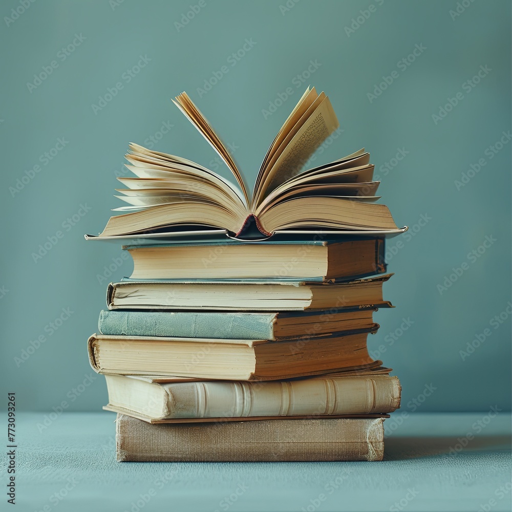 Naklejka premium Stack of Books with Top Book Open, Light Blue Background, Blank Bottom Half for Text or Design Elements, Conveying Learning, Personal Growth, Academic Training, Study Materials, Information Search