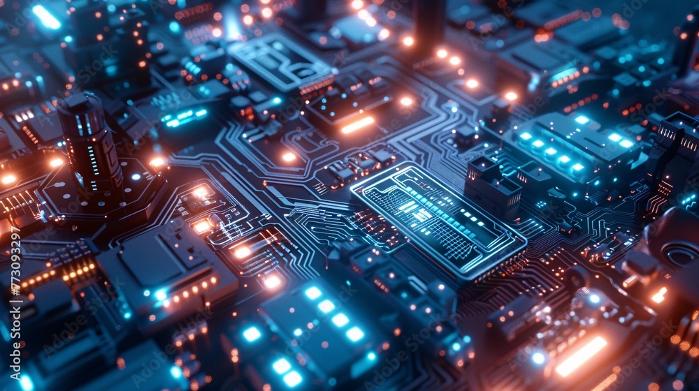 Glowing Circuit Board with Blue Lights A Futuristic, High-Tech Design Generative AI
