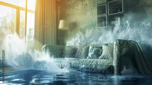 Water Damage, Indoor Flood Disaster in Modern Living Room.